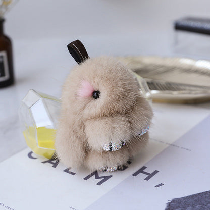 Cute Mini Mink Fur Diamond-Encrusted Bunny Keychain