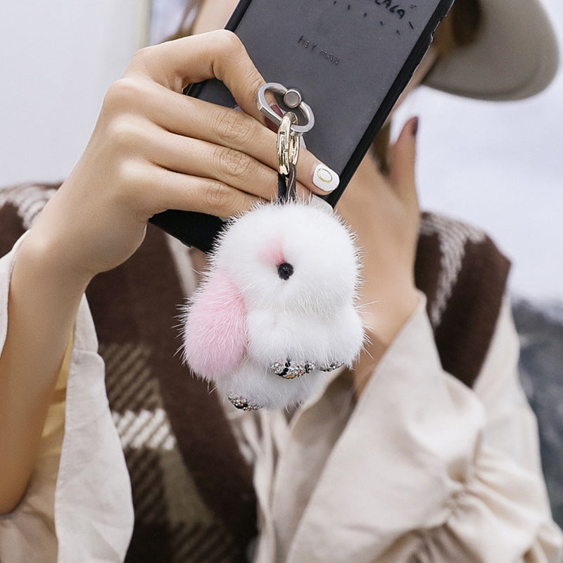 Cute Mini Mink Fur Diamond-Encrusted Bunny Keychain