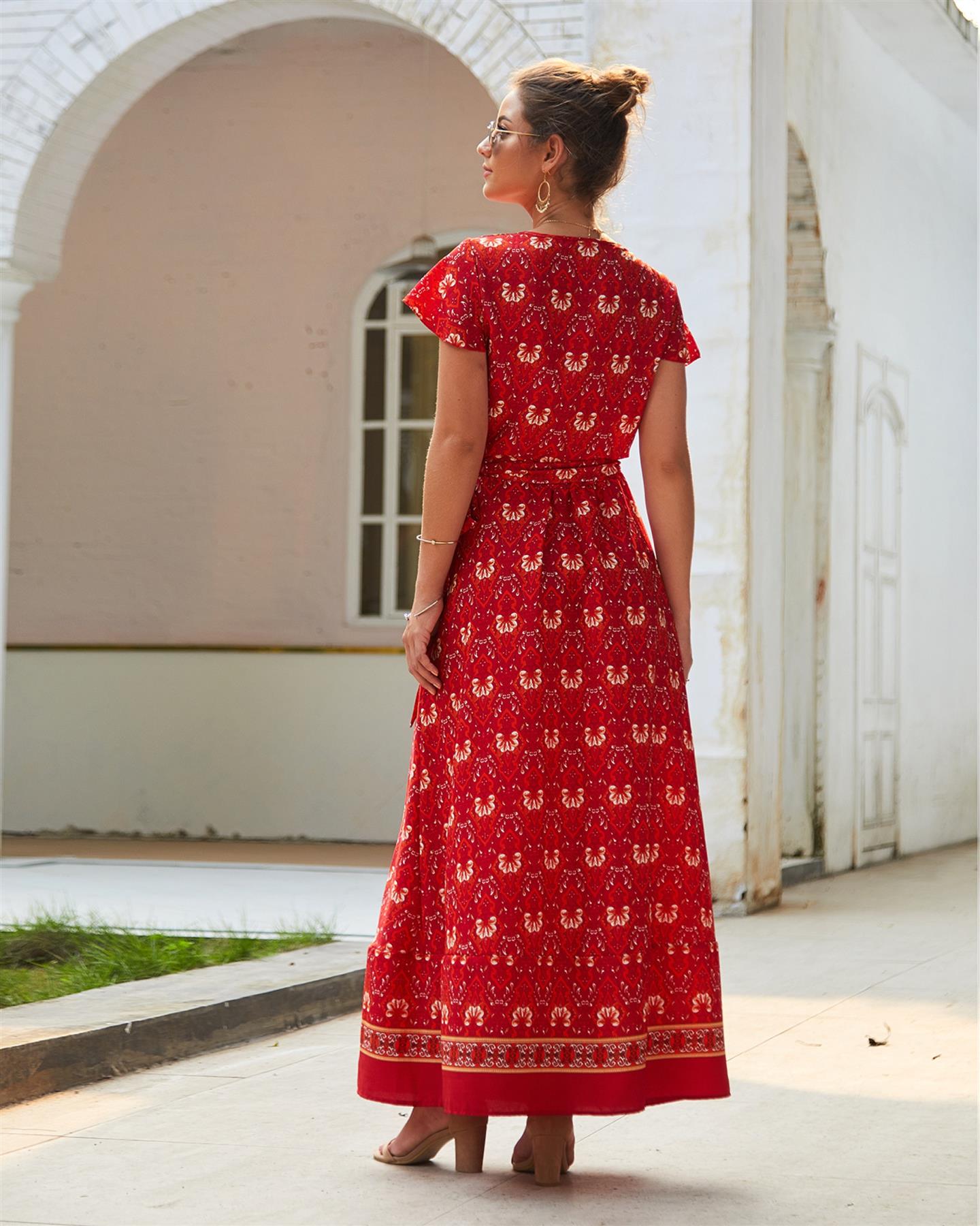 Bohemian Style Wrap Maxi Dress In Red & Gold Floral Print