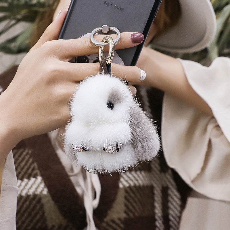 Cute Mini Mink Fur Diamond-Encrusted Bunny Keychain