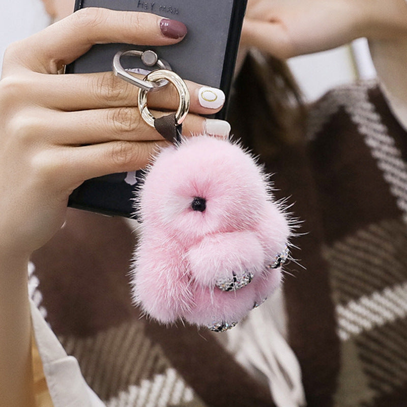 Cute Mini Mink Fur Diamond-Encrusted Bunny Keychain