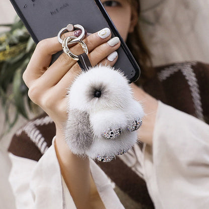 Cute Mini Mink Fur Diamond-Encrusted Bunny Keychain