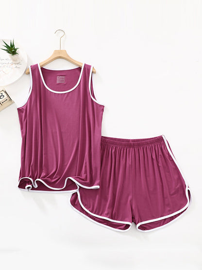 Solid Color Sleeveless Loose Vest Top + Elasticity Pleated Shorts Bottom Pajama Sets