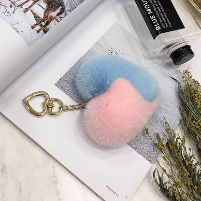 Heart-Shaped Real Rabbit Fur Charm Keychain