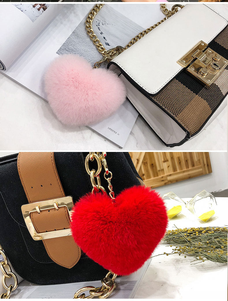 Heart-Shaped Real Rabbit Fur Charm Keychain