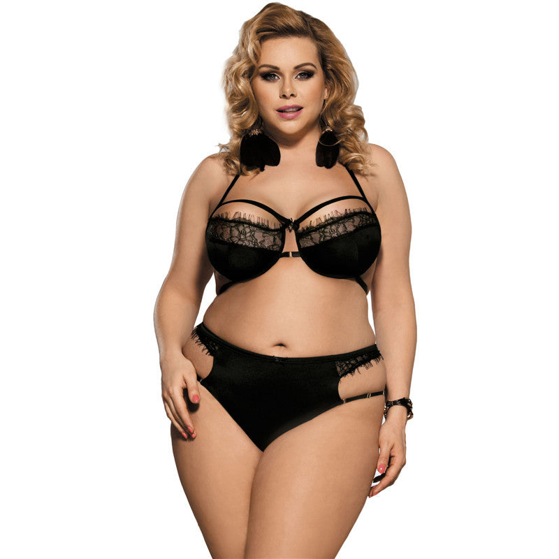 Plus Size Sexy Black Lace 3-Point Bra Set