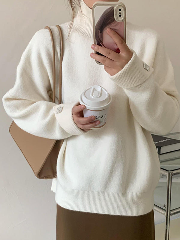 Casual Loose Long Sleeves Solid Color High-Neck Sweater Tops-Homeunderwear