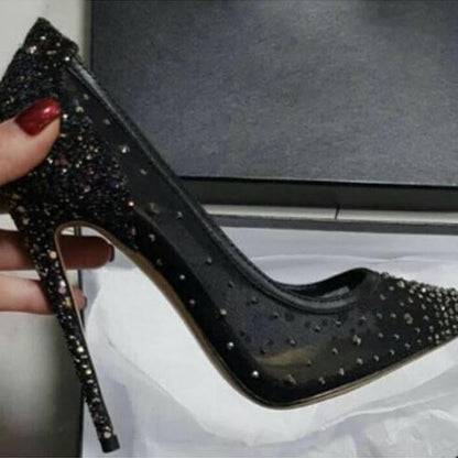 Point Toe  Rhinestone Leather Stiletto Heel Pumps