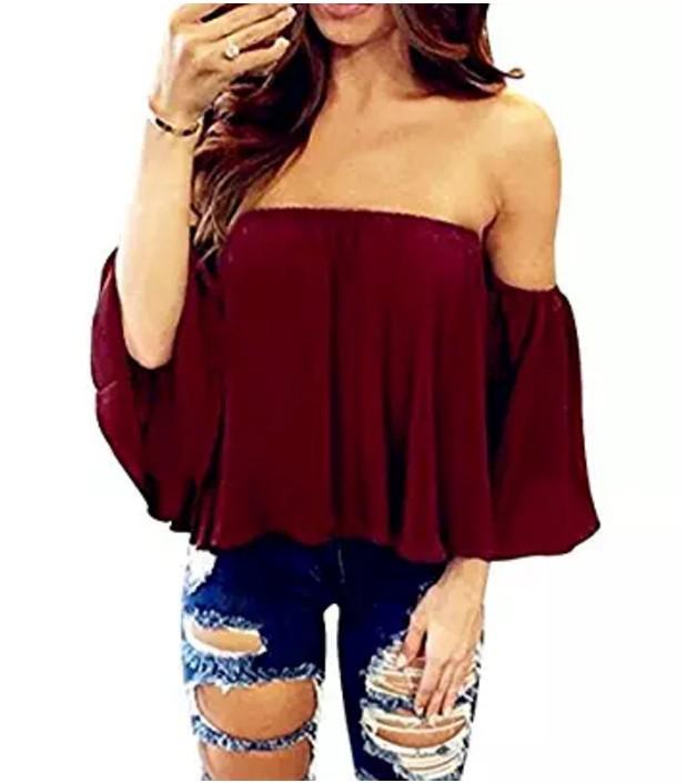 Sexy Off Shoulder Long Sleeve Chiffon Loose Blouses Larging Code