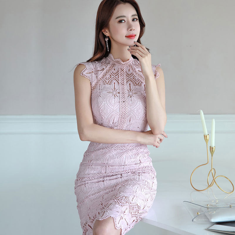 Noble Lady Style Half High Collar Lace Hollow Out and Lace Trim Fitted Dress-homeunderwear