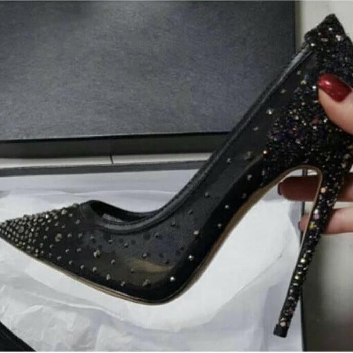 Point Toe  Rhinestone Leather Stiletto Heel Pumps