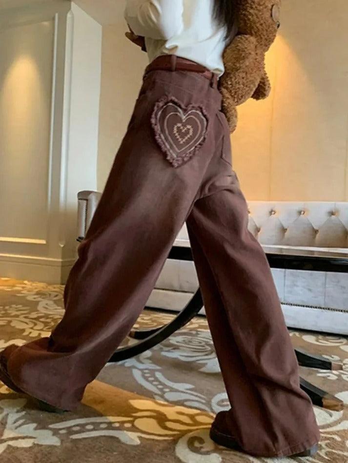 Vintage Brown Heart Patch Embroidery Boyfriend Jeans