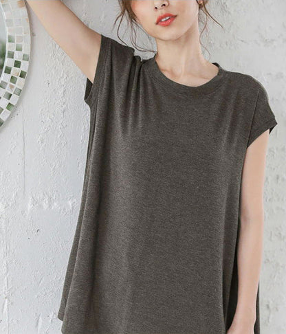 Casual Simple Loose Solid Color Pleated Round-Neck Short Sleeves T-Shirt Tops