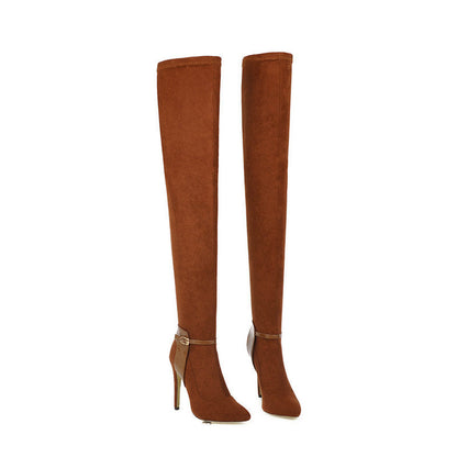 Autumn And Winter Pointed Ultra-Fine High Heel Elastic Velvet Knee High Boots-Homeunderwear