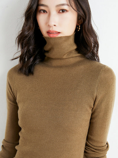 Simple Skinny Long Sleeves Solid Color High-Neck Sweater Tops Pullovers-Homeunderwear