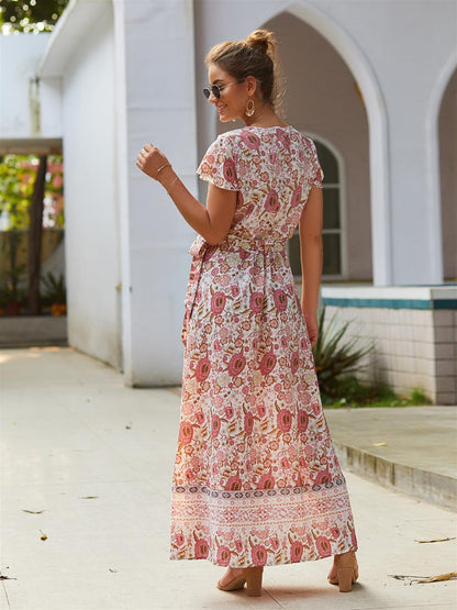 Bohemian Style Wrap Maxi Dress In Peach & Cream Mix Floral Print