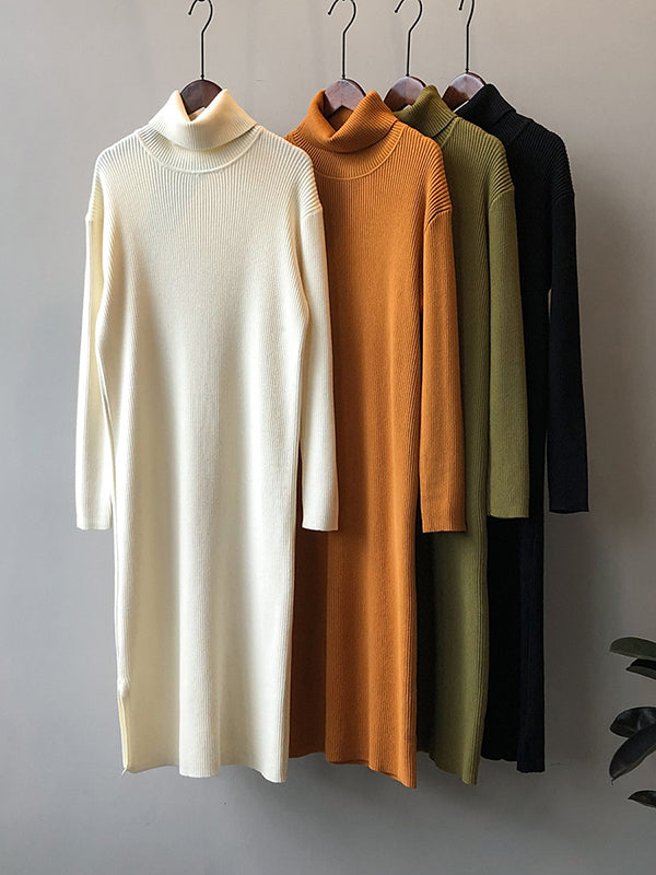 Urban Loose Long Sleeves Split-Side Solid Color High-Neck Sweater Dresses-Homeunderwear