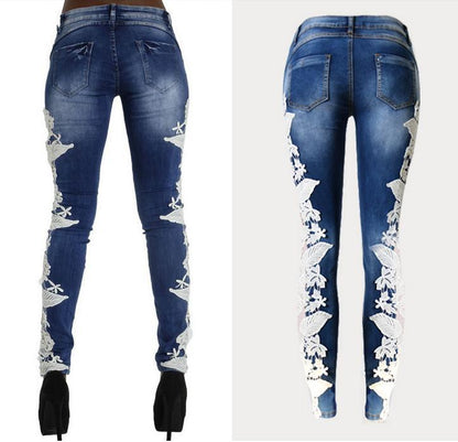 Clearance Lace Patchwork Hollow Skinny Straight High Waist Jeans