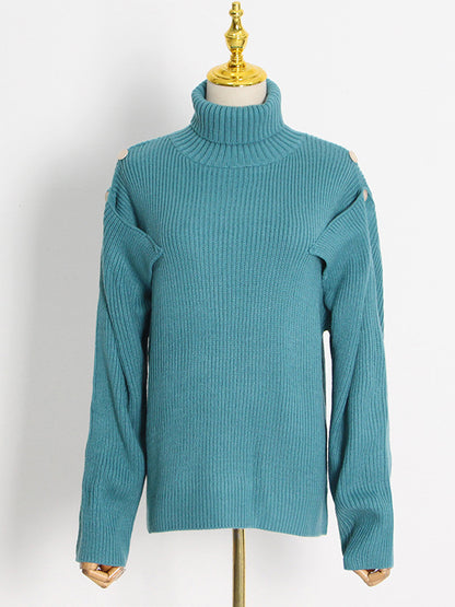 Casual Long Sleeves Loose Hollow Solid Color High-Neck Sweater Tops