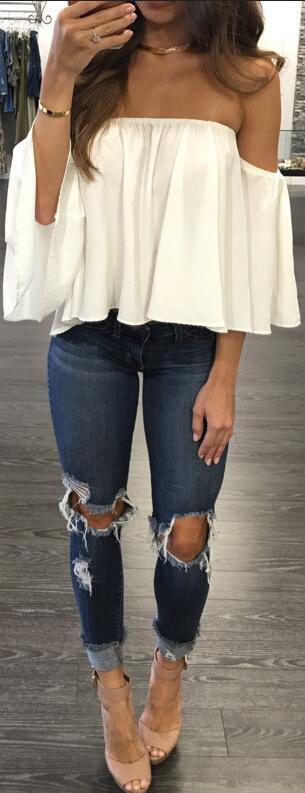 Sexy Off Shoulder Long Sleeve Chiffon Loose Blouses Larging Code
