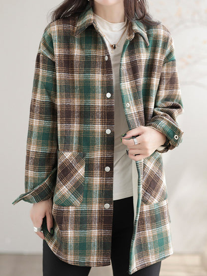 Artistic Retro Loose Long Sleeves Keep Warm Plaid Lapel Collar With Velvet Blouses&Shirts Tops-Homeunderwear