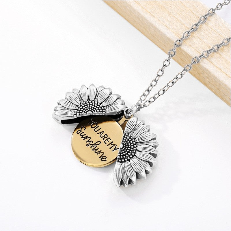 Carved Letter Sunflower Pendant Necklace