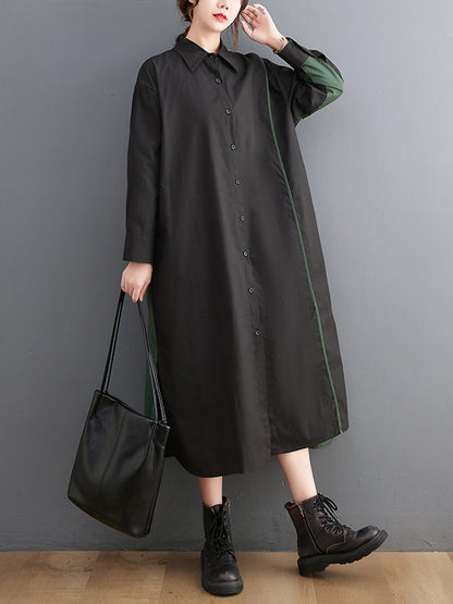 Original Loose Long Sleeves Buttoned Contrast Color Lapel Collar Midi Shirt Dresses