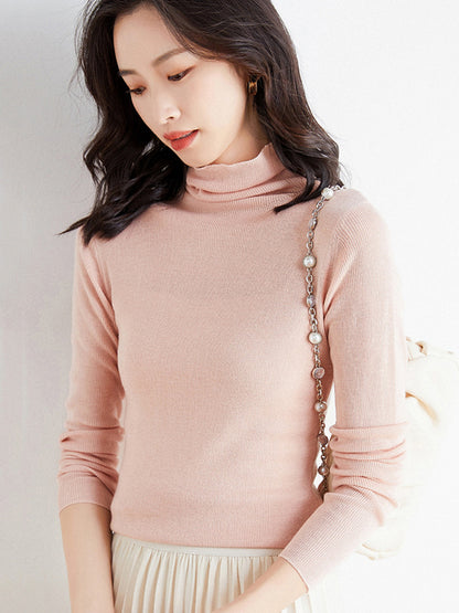 Simple Skinny Long Sleeves Solid Color High-Neck Sweater Tops Pullovers-Homeunderwear