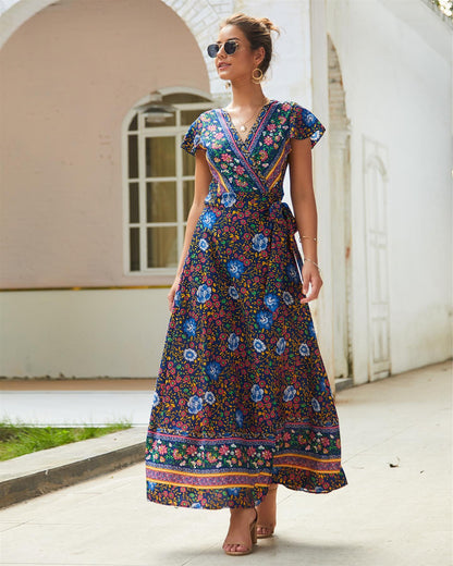 Bohemian Style Wrap Maxi Dress In Navy & Yellow & Green Floral Print