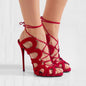 Red Strap Peep Toe Cutout High Heel Sandals