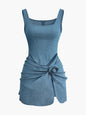 3D Flower Ruched Tank Denim Dress