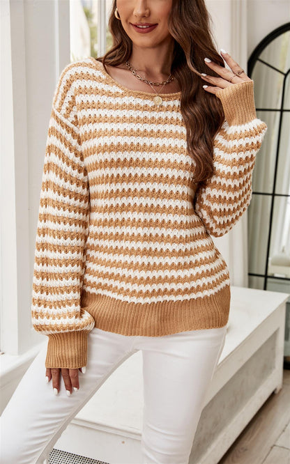 White Stripe Relaxed Knit Jumper Top In Camel