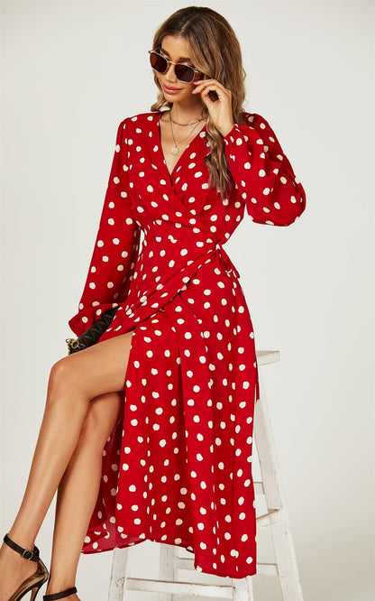 Polka Dot Wrap Midi Dress In Red