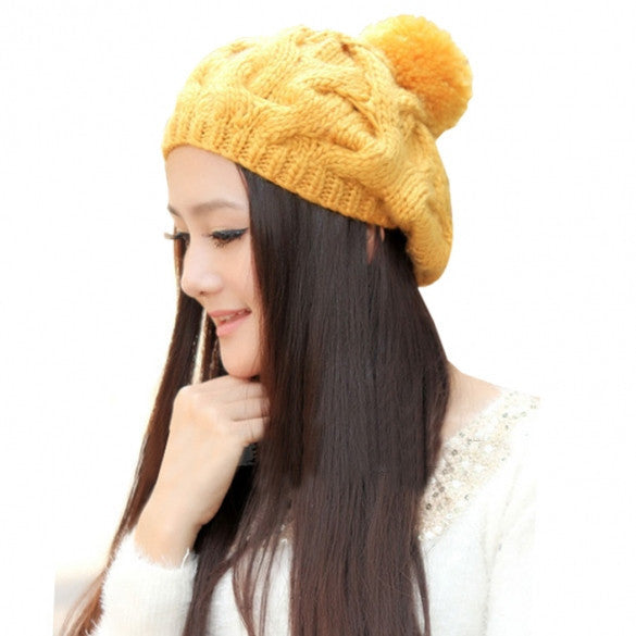 Women's Winter Warm Knit Wool Hat Beanie Crochet Warm Pumpkin Ball Cap