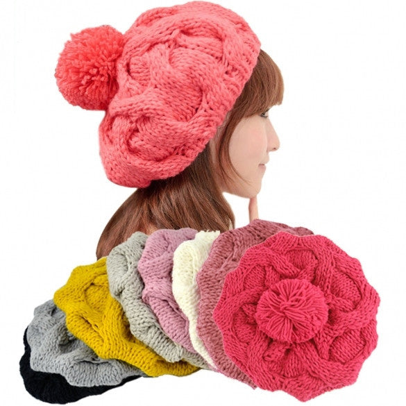 Women's Winter Warm Knit Wool Hat Beanie Crochet Warm Pumpkin Ball Cap