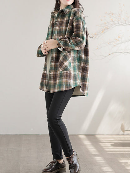 Artistic Retro Loose Long Sleeves Keep Warm Plaid Lapel Collar With Velvet Blouses&Shirts Tops-Homeunderwear