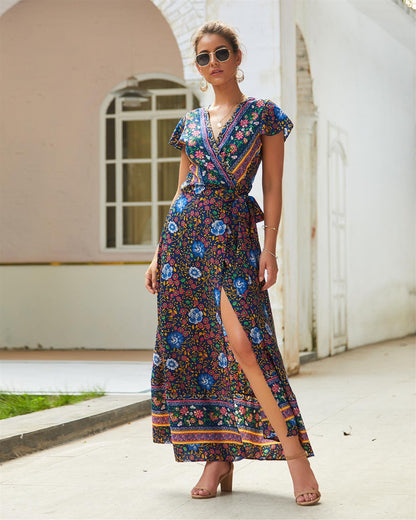 Bohemian Style Wrap Maxi Dress In Navy & Yellow & Green Floral Print