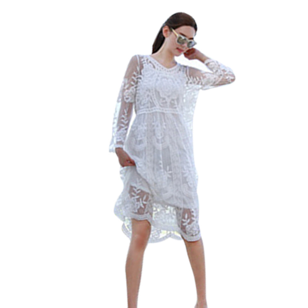 Hollow-out V-neck Mesh Beach Dress