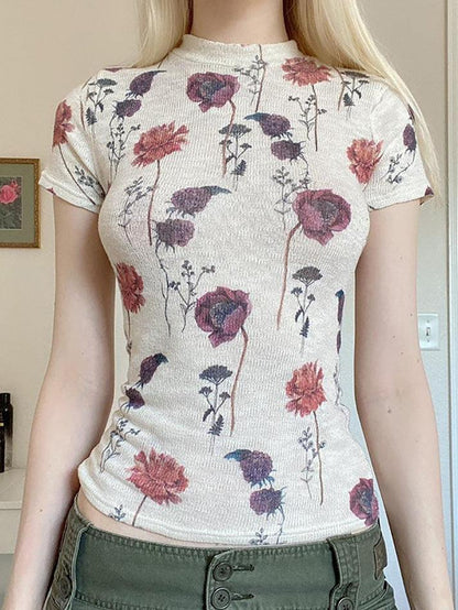 Vintage Rose Print Slim Fit Top