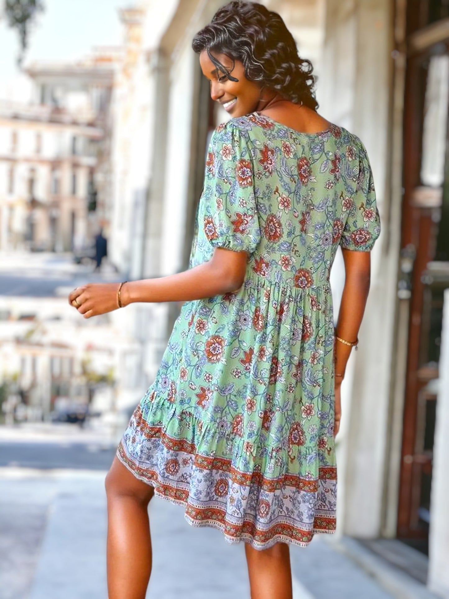 Floral Puff Sleeve Bohemian Dress