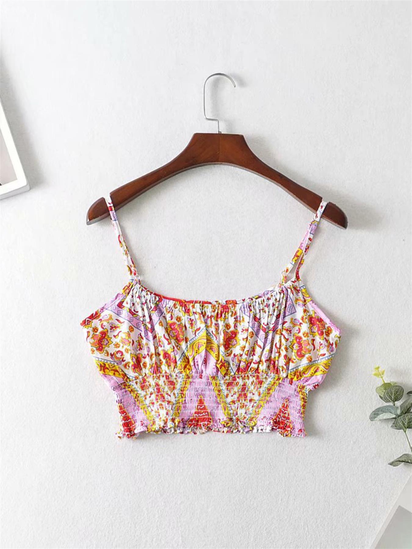 Summer Bralet Top And Pants In Pink & Yellov Mixed Print