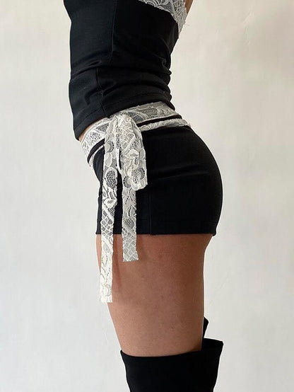 Lace High Waist Stretch Double Side Tie Casual Shorts