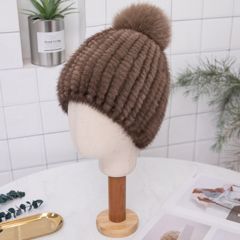 Warm Mink Fur Fox Pom Pom Hat