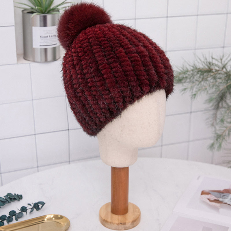 Warm Mink Fur Fox Pom Pom Hat