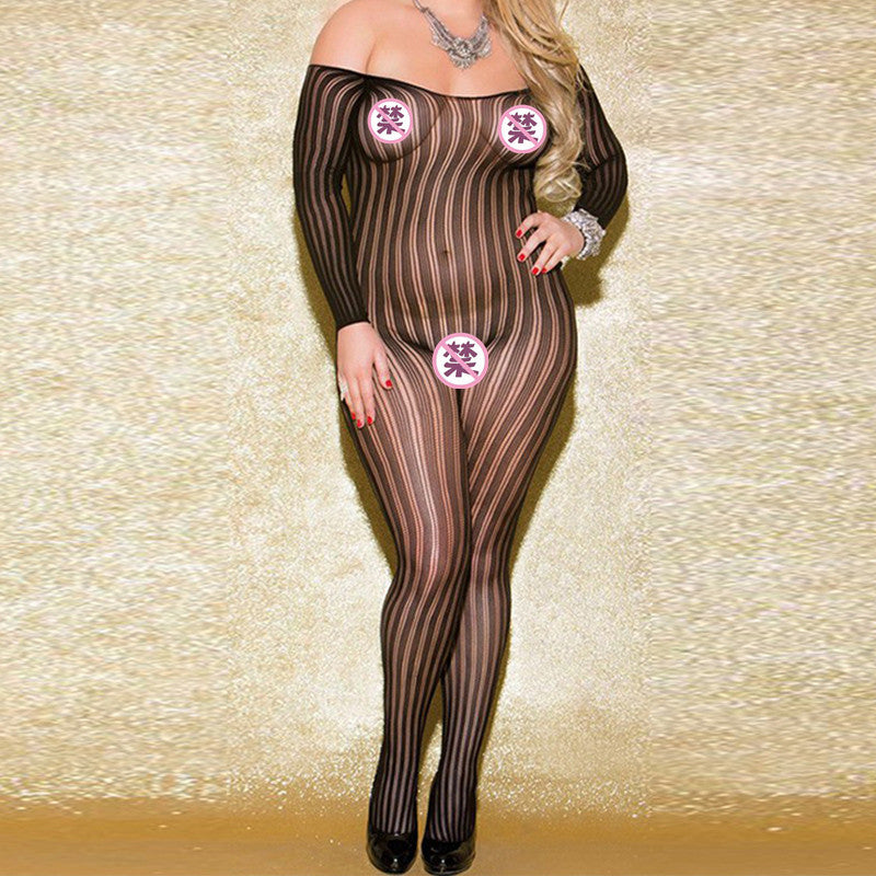 Sexy Plus Size Vertical Pattern Opening Bodystockings