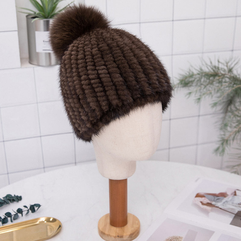 Warm Mink Fur Fox Pom Pom Hat