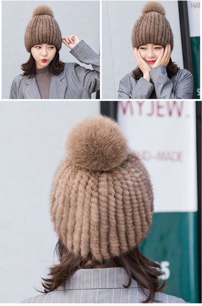 Warm Mink Fur Fox Pom Pom Hat