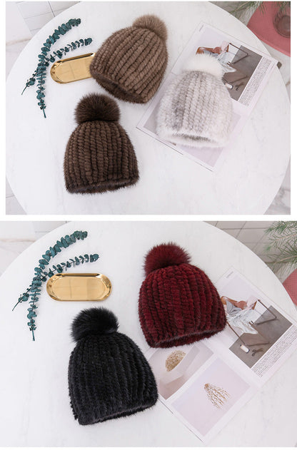 Warm Mink Fur Fox Pom Pom Hat