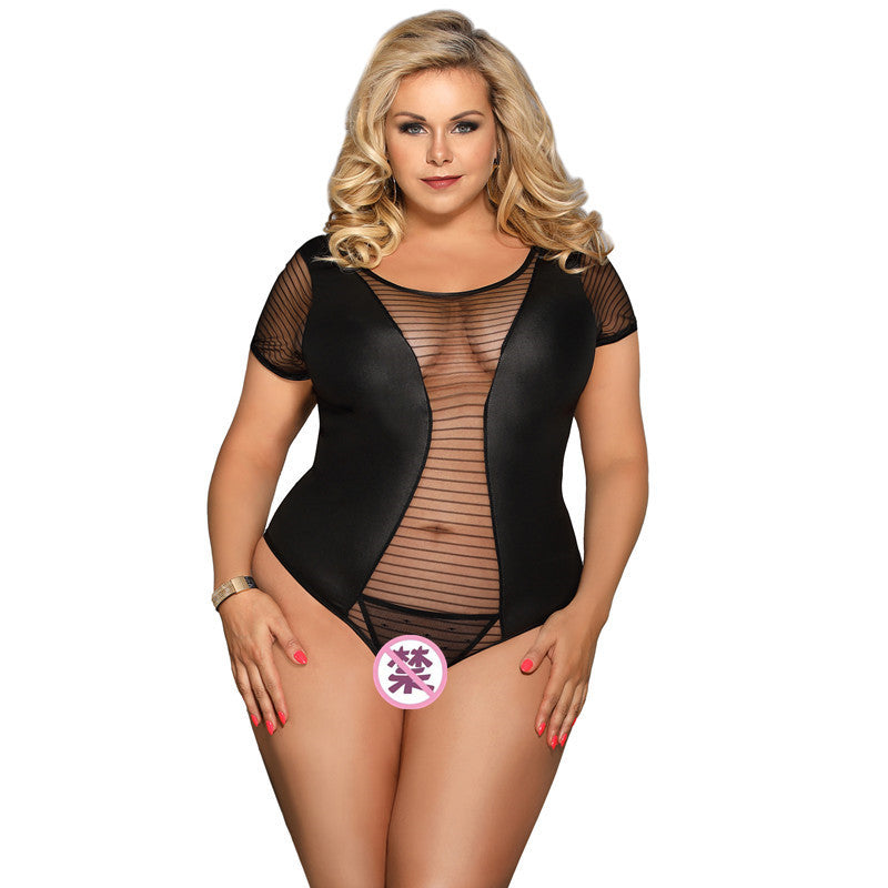 Plus Size Faux Leather Striped Mesh Bodysuit