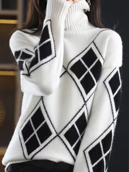 Casual Long Sleeves Loose Plaid High-Neck Sweater Tops-Homeunderwear